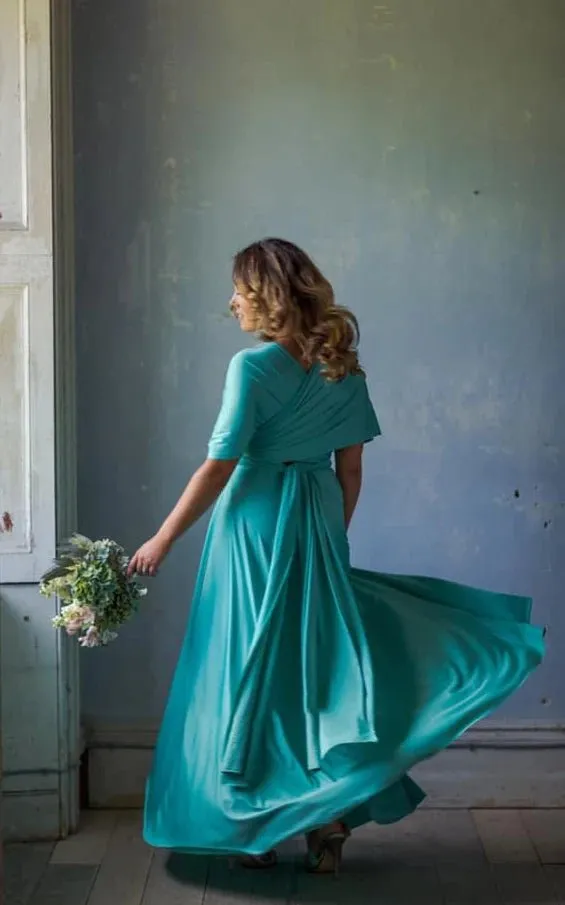 A Line Halter Neck Jersey Bridesmaid Dress With Half Sleeves And Straps Back