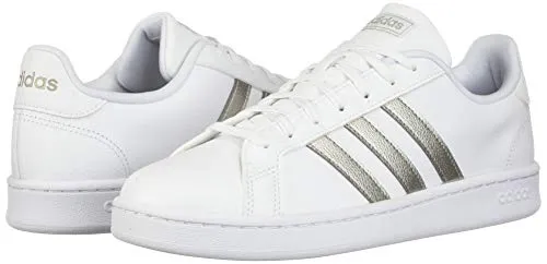 adidas Women's Grand Court Tennis Shoe, White/Platino Metallic/White, 7 M US