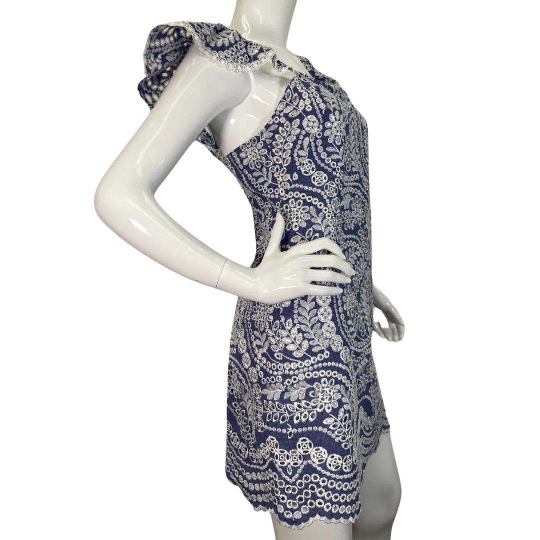 Alice   Olivia Blue Dress with Embroidered White Lace Design