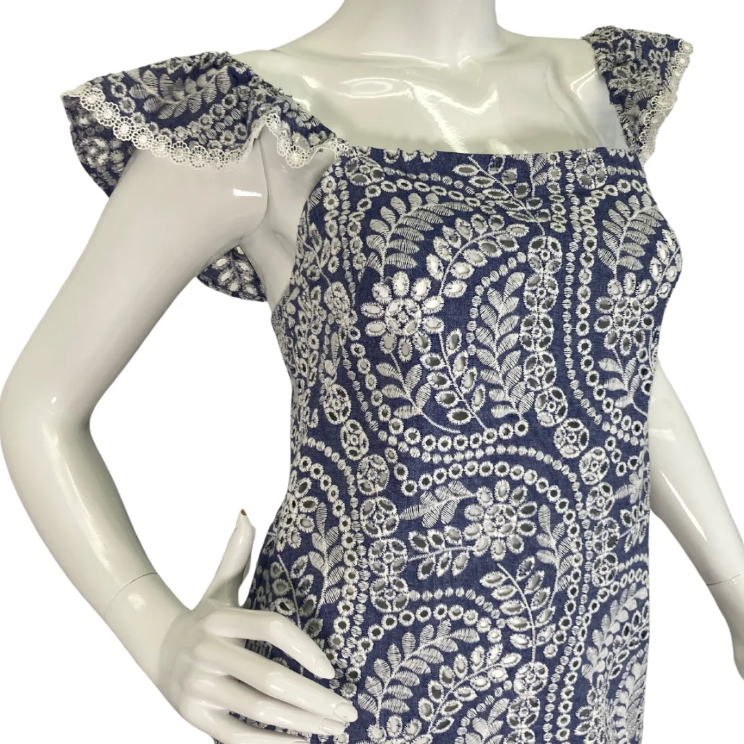Alice   Olivia Blue Dress with Embroidered White Lace Design