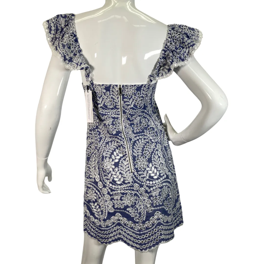 Alice   Olivia Blue Dress with Embroidered White Lace Design