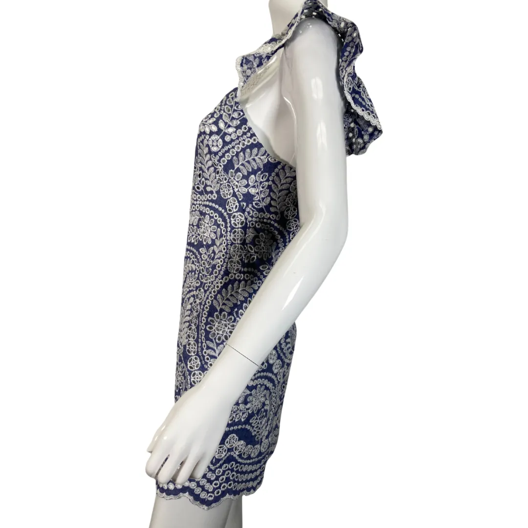 Alice   Olivia Blue Dress with Embroidered White Lace Design