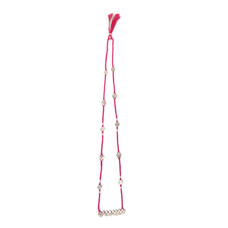 Brass Long Necklace for Women| Pink & Silver | Cotton Thread