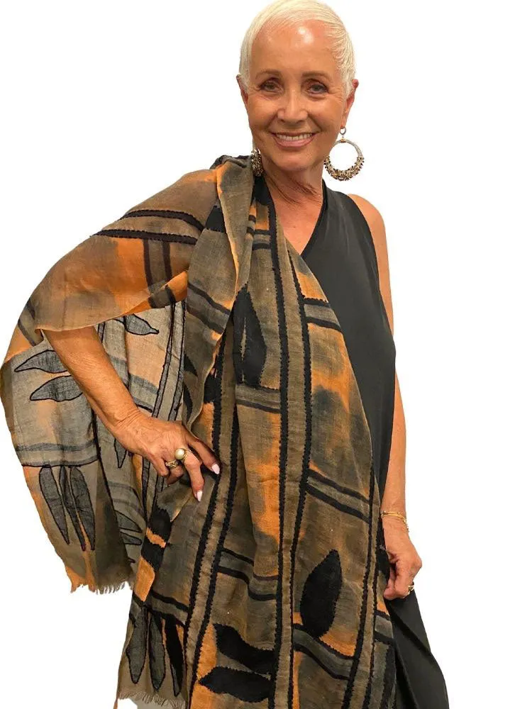 Brown and burnt orange printed fine wool scarf | PERRI
