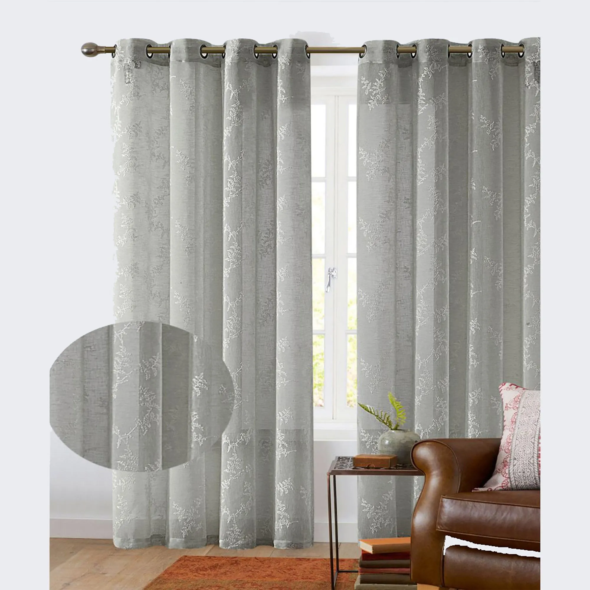 Cooper Leaf Embroidered Sheer Grommet Window Panel, 54x84 Inches