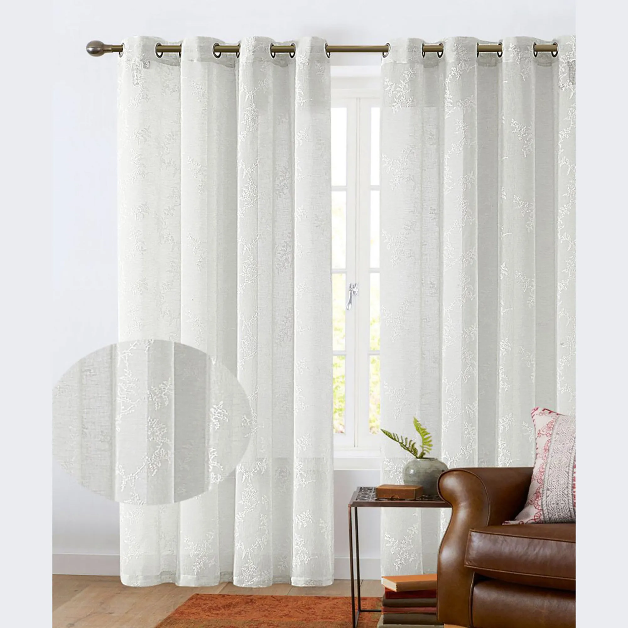 Cooper Leaf Embroidered Sheer Grommet Window Panel, 54x84 Inches