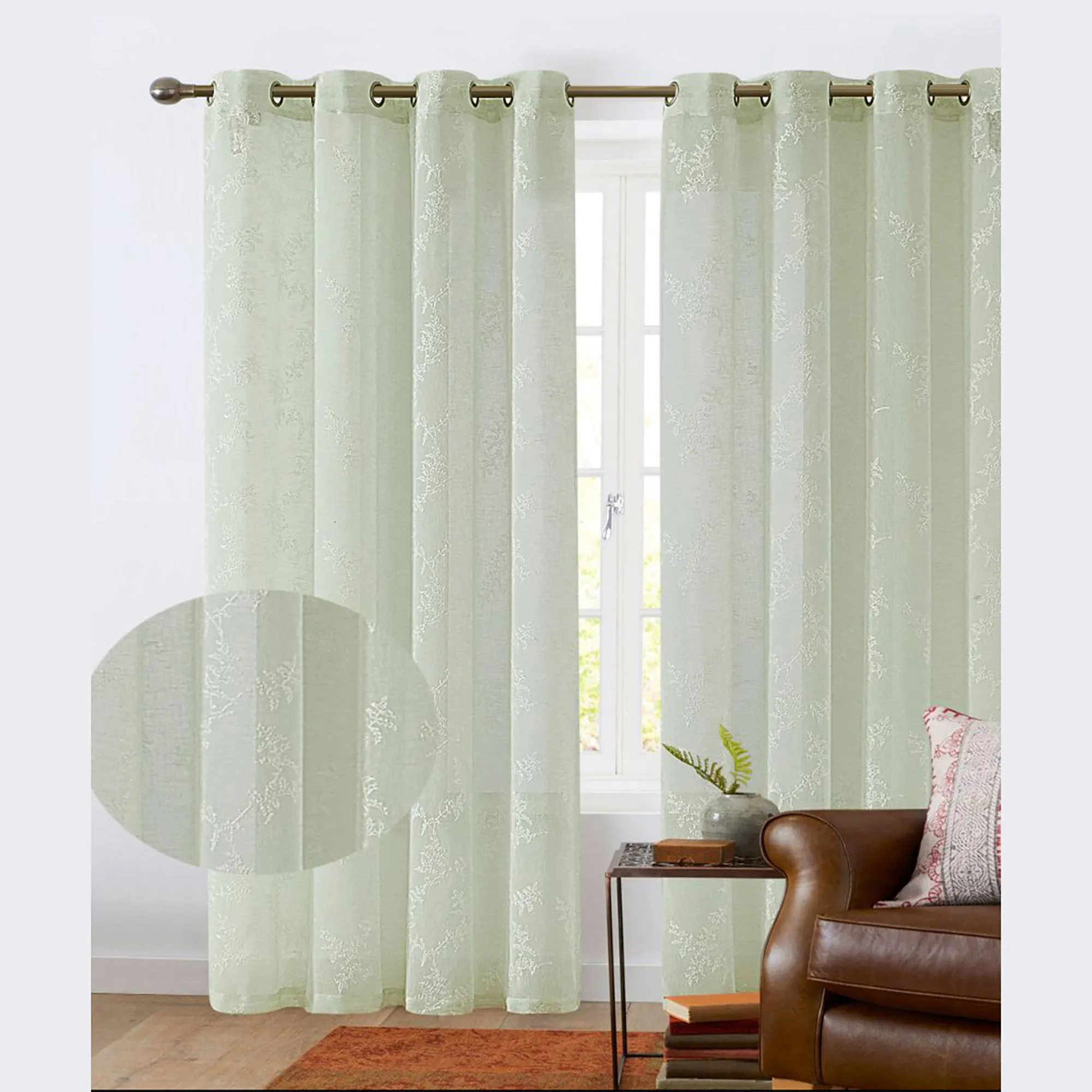 Cooper Leaf Embroidered Sheer Grommet Window Panel, 54x84 Inches