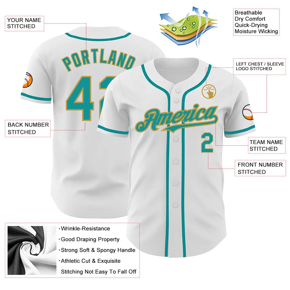 Custom White Teal-Old Gold Authentic Baseball Jersey