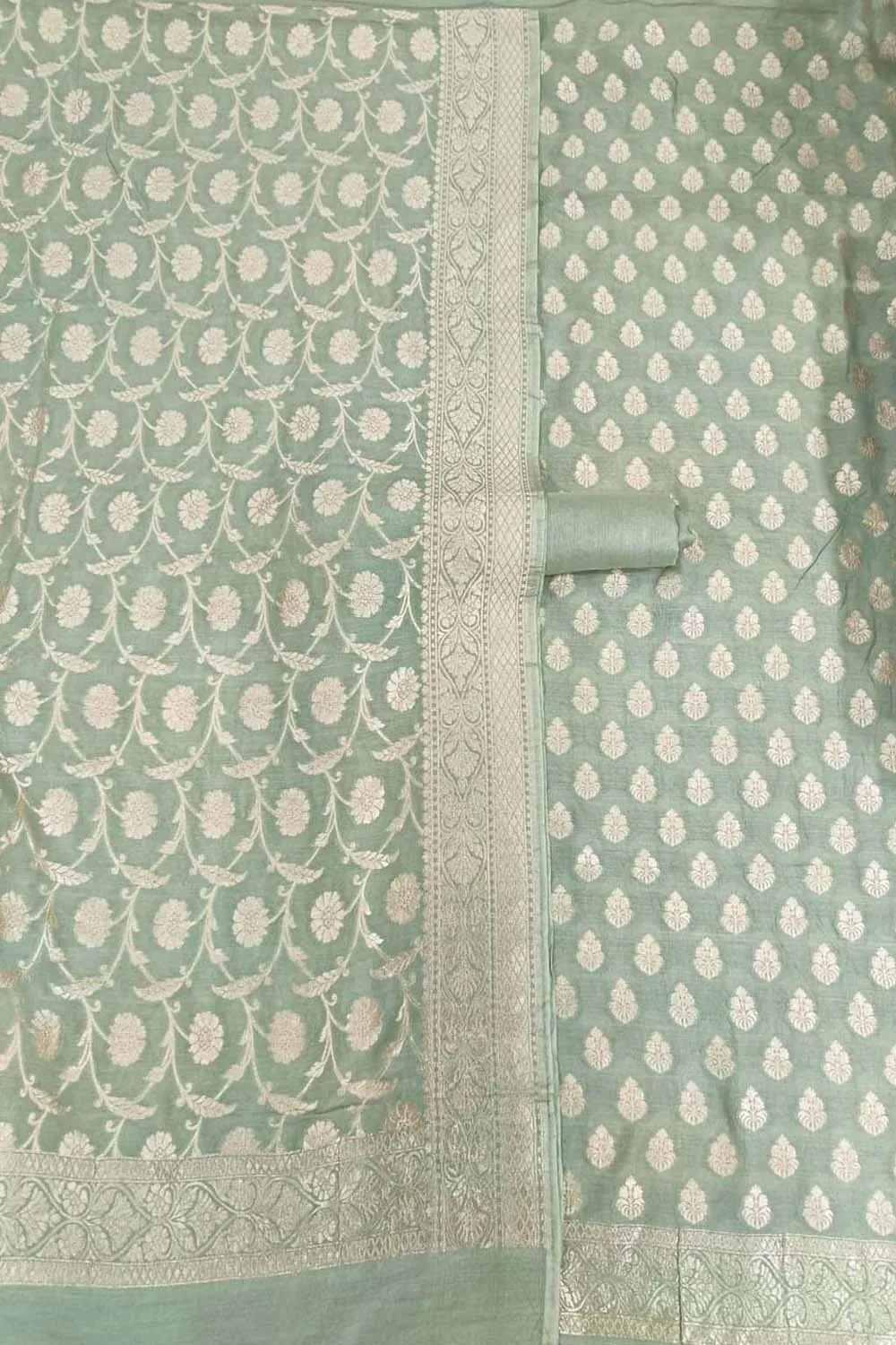 Elegant Green Banarasi Moonga Silk 3-Piece Unstitched Suit