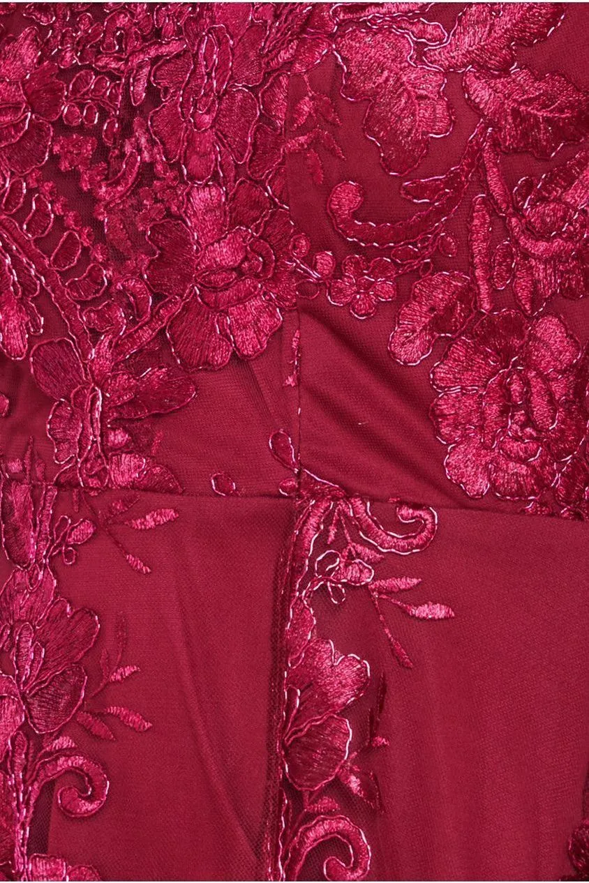 Embroidered Lace Midi Dress With Asymmetrical Hem - Wine by Goddiva