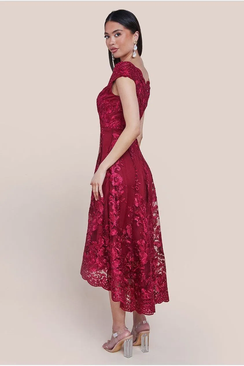 Embroidered Lace Midi Dress With Asymmetrical Hem - Wine by Goddiva
