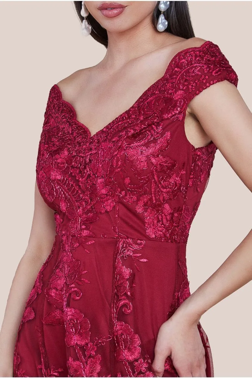Embroidered Lace Midi Dress With Asymmetrical Hem - Wine by Goddiva
