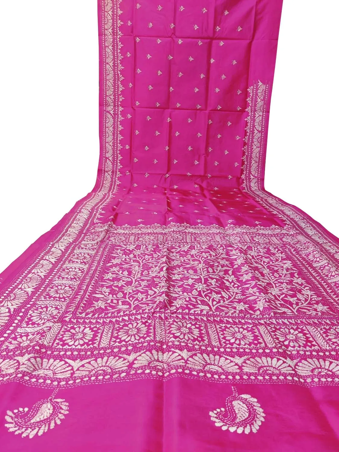 Exquisite Pink Kantha Work Bangalore Silk Saree: Hand-Embroidered Elegance