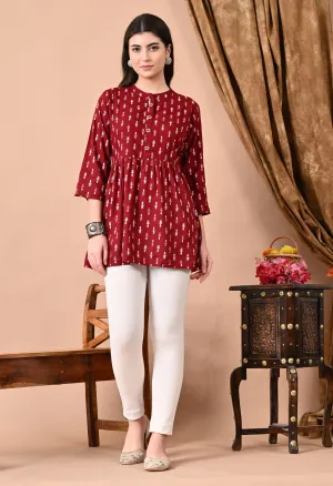 Jaipurite Maroon Printed Tunic in Viscos Rayon