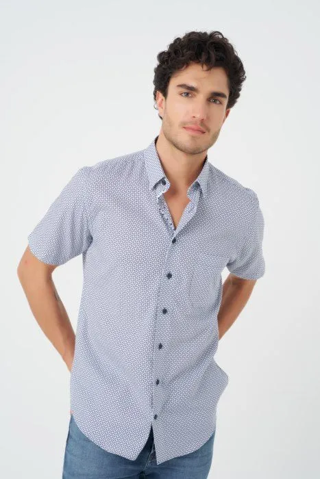 Leo Chevalier Mens Blue Geo Print SS Non Iron Sport Shirt
