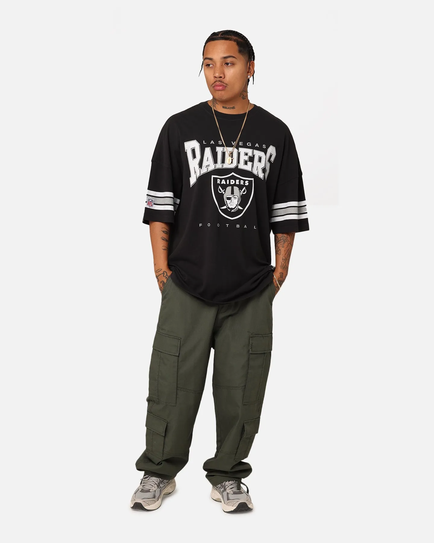 Majestic Athletic Las Vegas Raiders Vintage Sport Striped Sleeve T-Shirt Faded Black