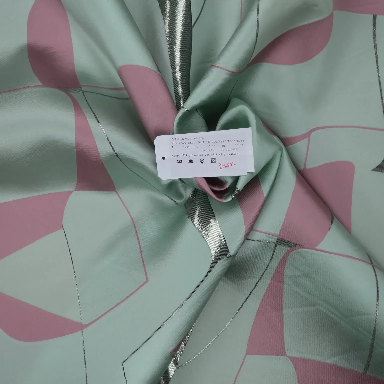 Mint and Dusty Pink Abstract Modern Embroidered Silk Organza Fabric