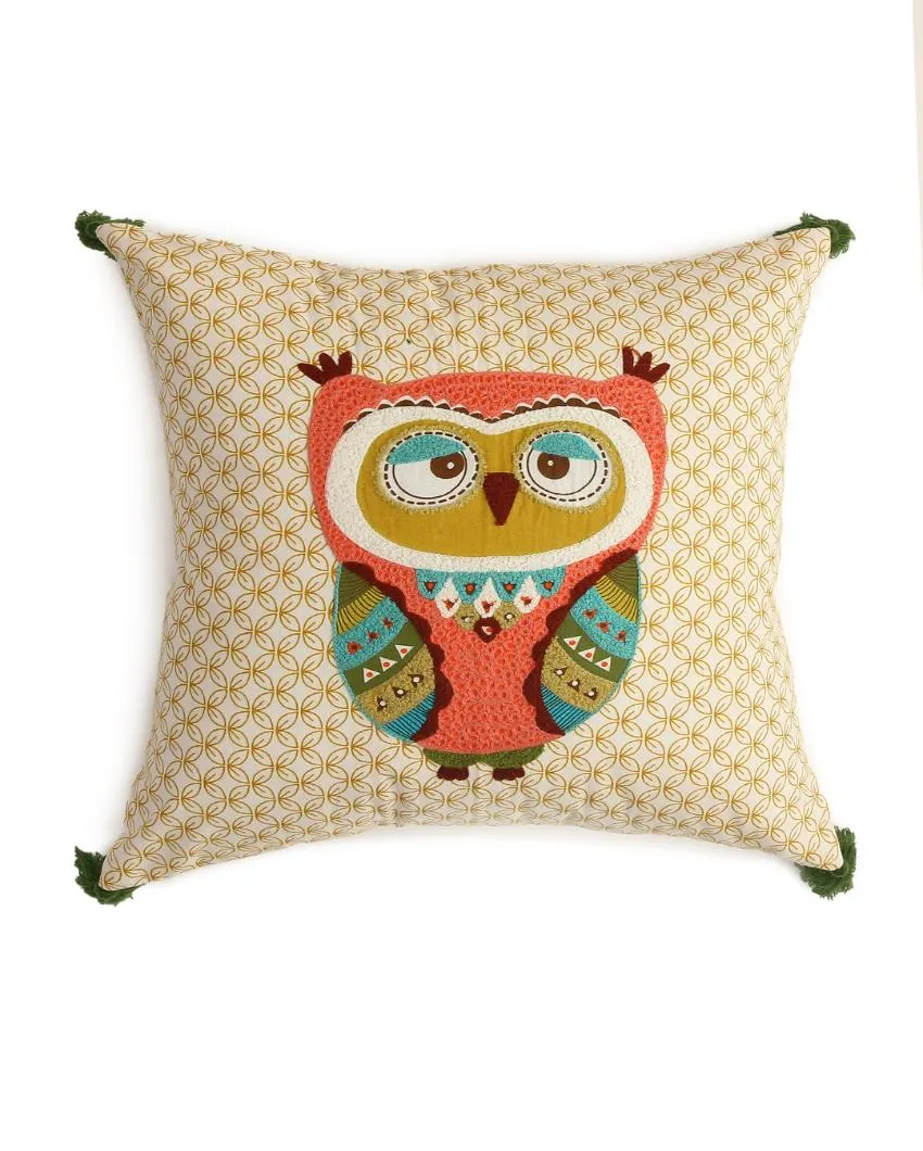 Owl Design Embroidered & Appliqué Cushion Cover | 16 x 16 inches | Single