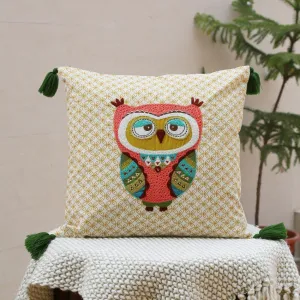 Owl Design Embroidered & Appliqué Cushion Cover | 16 x 16 inches | Single