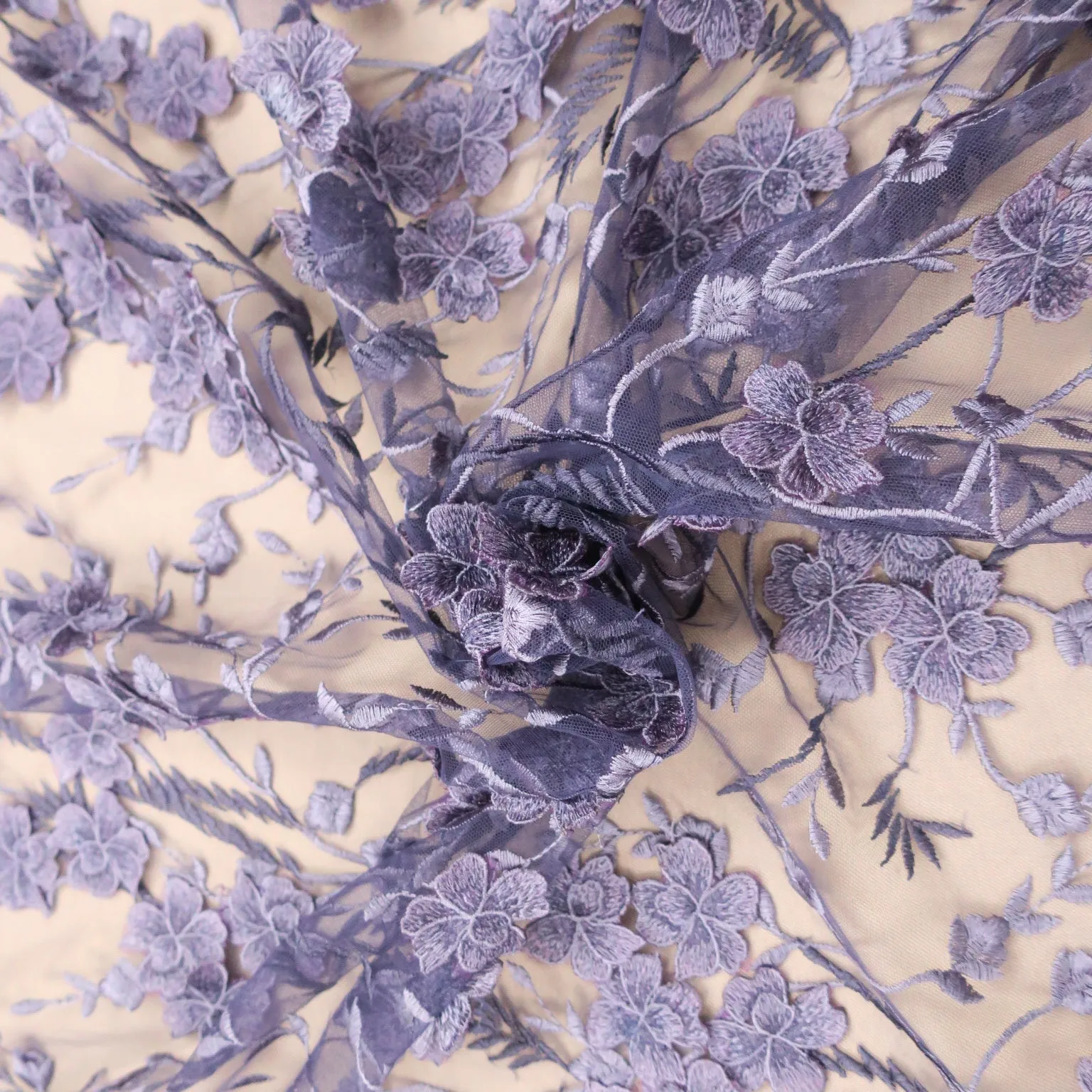 Purple Embroidered Floral Tulle Fabric