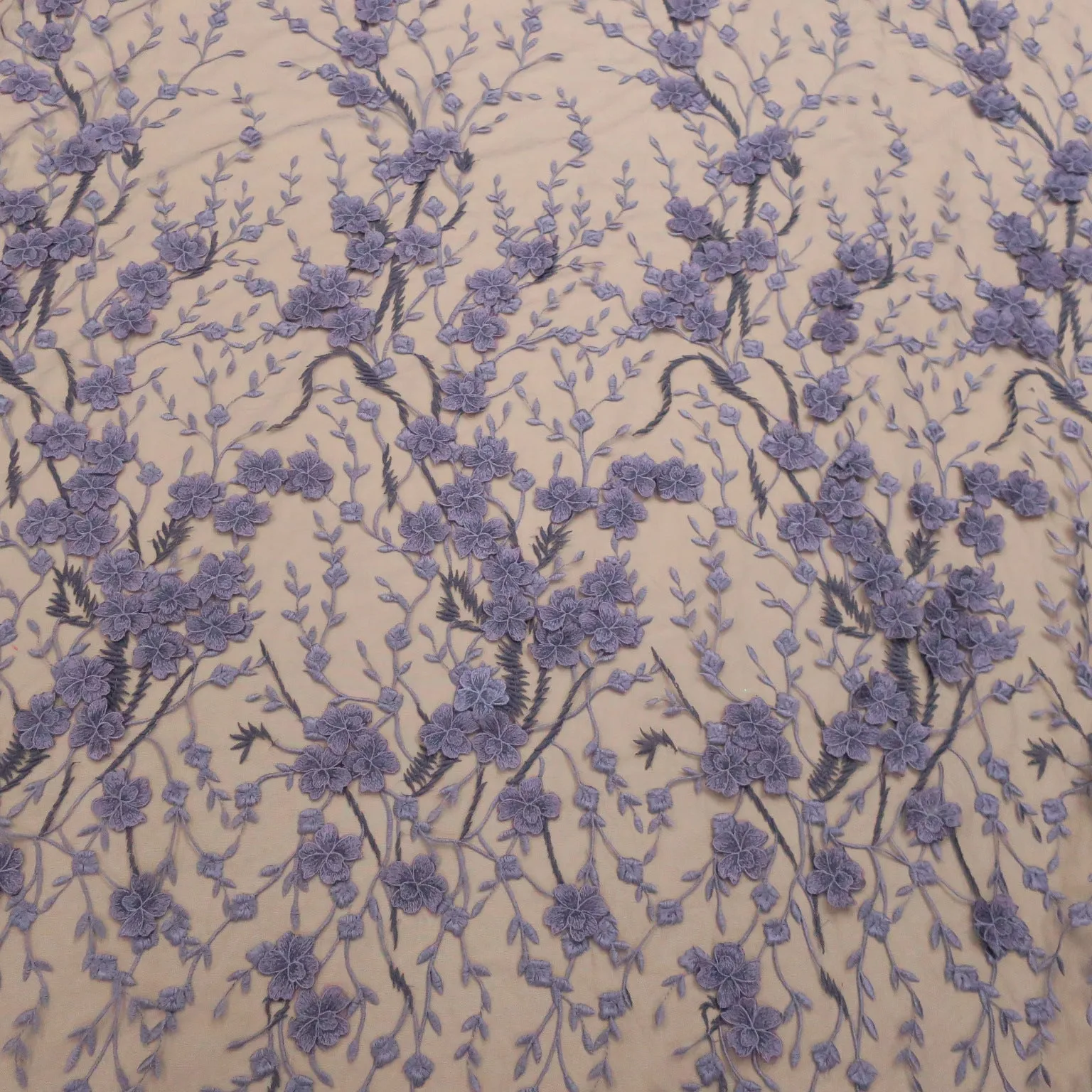 Purple Embroidered Floral Tulle Fabric