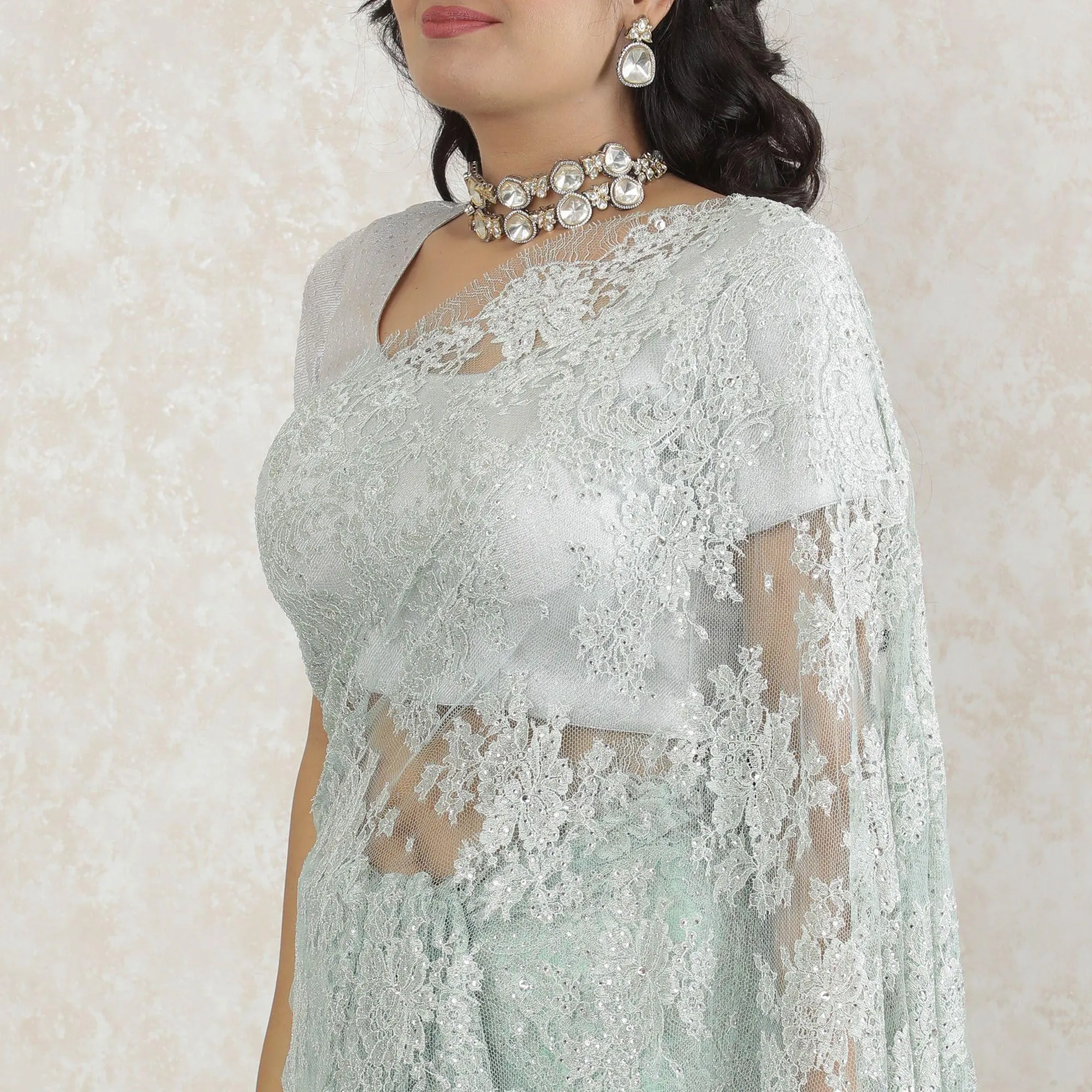 Tea green, silver Premium pure metallic French chantilly saree lace having stone work in floral design-D13508