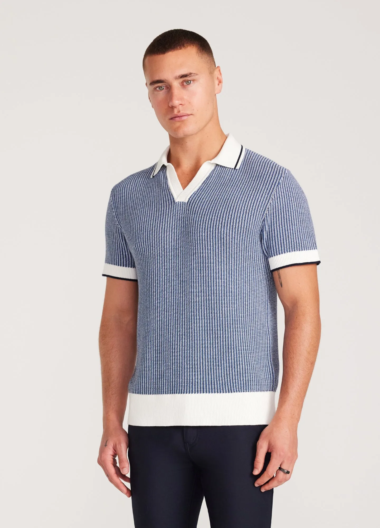 Textured Stitch Knit Polo Blue